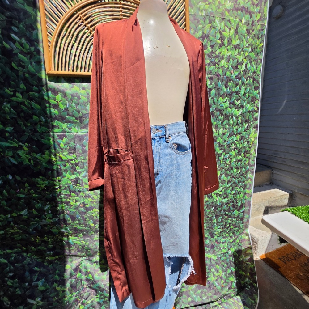 DR2 Womens Rust Brown Satin Longline Duster Cardigan Open Front Pockets Size M